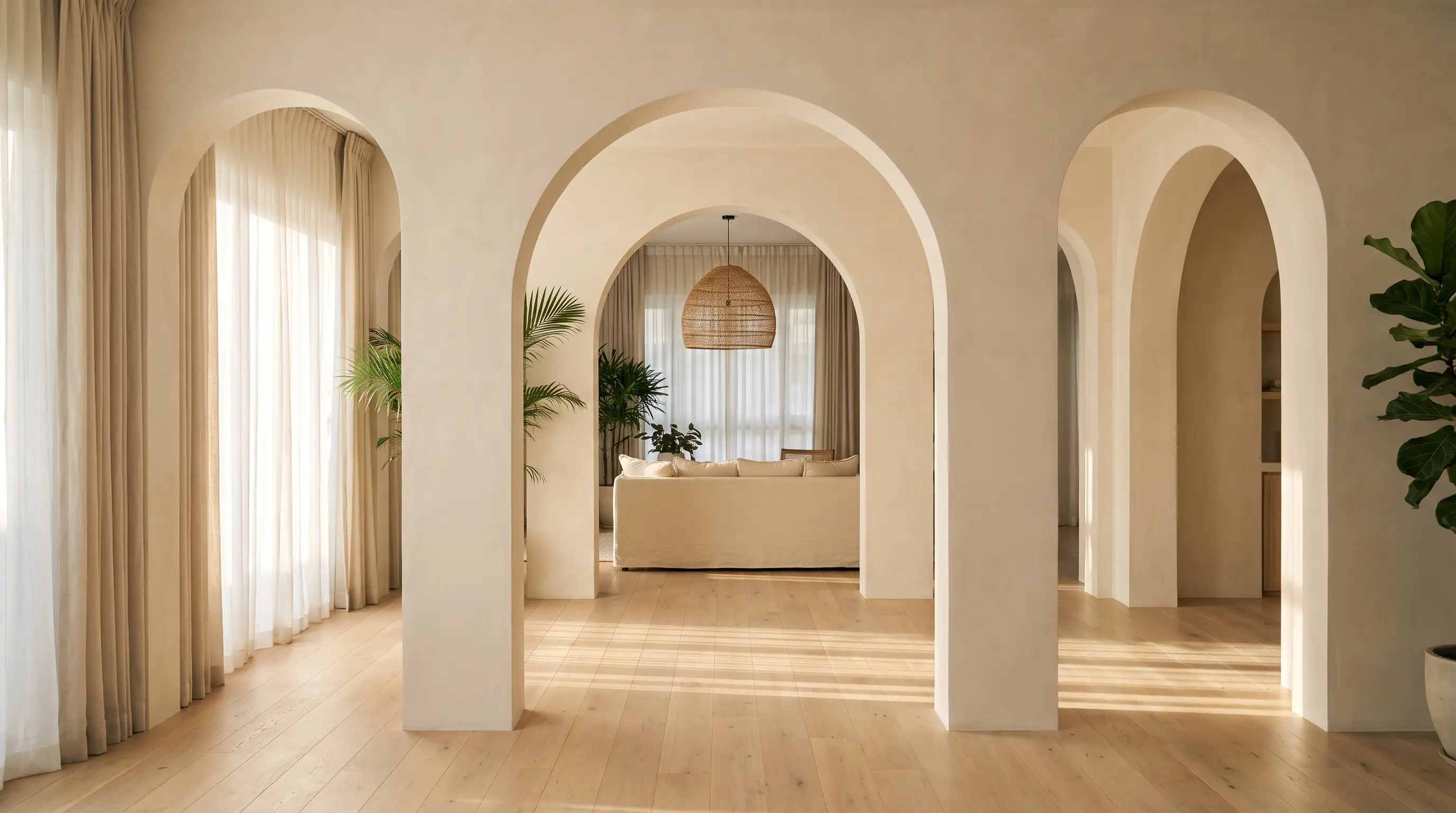 Arched hallway glowing at golden hour